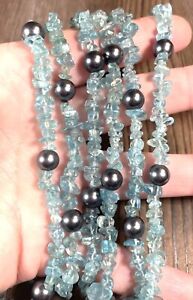Aqua Sea Glass Chip Necklace Beaded Strand With Gray/black Pearl Accents 40”