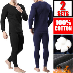 2 Set Mens Winter Fleece 100% Cotton Thermal Long Johns Top Bottom Underwear Set