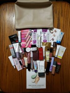 Lot of 37 Piece Makeup, Skin Care,  Hair Care Samples, and Beige Bag