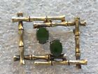 Vintage Gold Sterling Silver Bamboo Brooch Pin Jade Green Stones Signed Wells