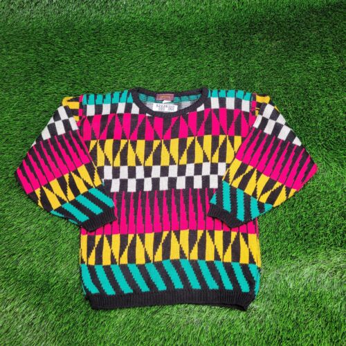 Vintage 80s Harlequin Check Striped Knitted Sweater Womens M Pink White Yellow