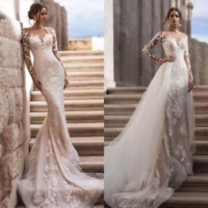 Elegant Mermaid Wedding Dresses Lace Applique with Detachable Train Bridal Gowns