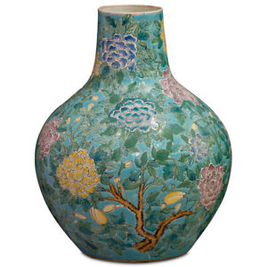 US Seller - Vintage Teal Blue Peony Flower Chinese Porcelain Temple Vase