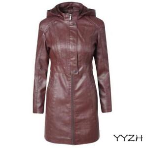 Womens PU Leather Trench Coat Motorcycle Long Overcoat Lady Zipper Hooded Jacket
