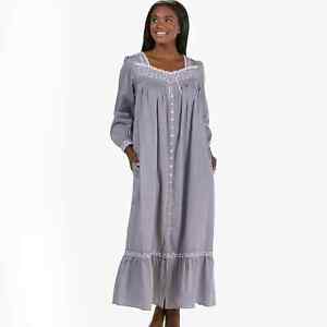 Eileen West Victorian Long Nightgown XL Grey Chambray Crochet Lace Gown