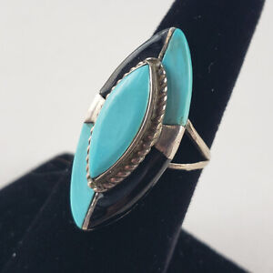 Sterling Zuni Turquoise Black Onyx Ring Southwest 4.5g Size 7 [7704]