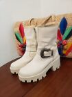 New ListingDingo Womens 9.5 Cream Leather Silver Buckle Platform Chunky Boots Zip Up DI 931