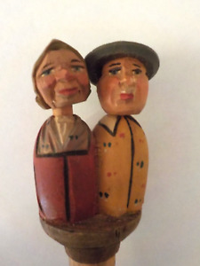 Vintage ANRI Carved Wood Couple Bottle Stopper Wine Cork Mechanical, Bar, 5 in
