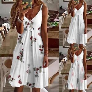 Womens Boho Floral Summer Beach Sundress Ladies Cami Dress Strappy Mini Dress US