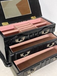 wooden black jewelry box With Mirror Compartments 2 Drawers