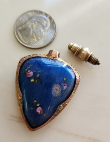Vintage SMALL DARK BLUE  GUILLOCHE ENAMEL Perfume Bottle #1585