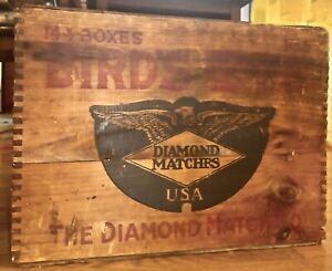 Antique Matches Wood Crate, Diamond Birds Eye Matches, Old Tongue And Groove