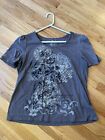 Faded Glory Gray Floral Scooped Neck Short Sleeve Shirt Top Blouse Size XL