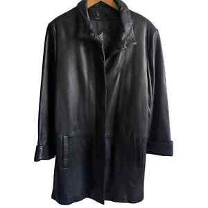 Vintage Tibor Leather Coat Black Trench Collared Buttons Long Sleeve 10