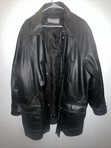Wilsons Leather Men’s Black Trench Coat Jacket Waist Tie Long Heavy Zip Liner