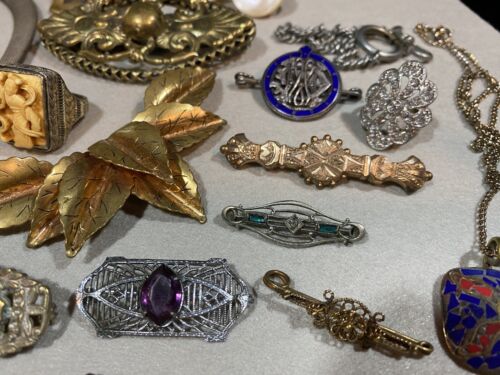 Huge Lot Vintage Antique Victorian Jewelry Goldstone Rhinestones Sterling Bone