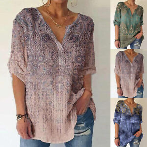 Womens Boho Floral V Neck 3/4 Sleeve Shirt Ladies Casual Loose Tunic Tops Blouse