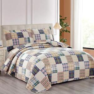 Beige Plaid Quilt Set King Size Country Patchwork Bedding Quilt Lightweight Reve