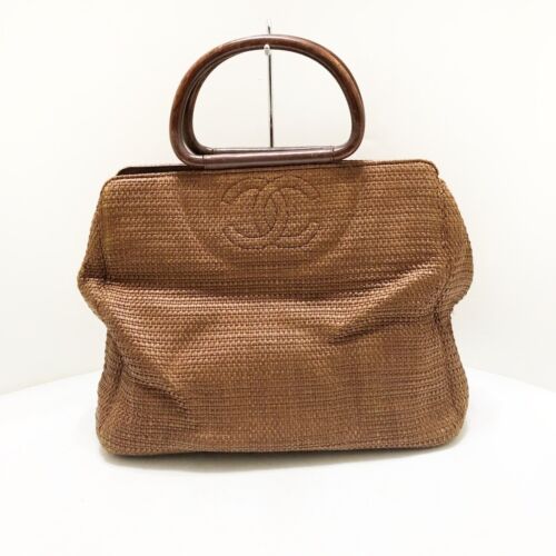 Auth CHANEL - Brown Raffia Wood Leather Tote Bag
