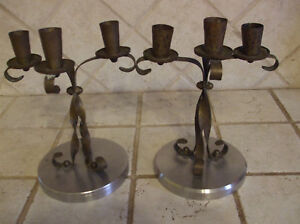 ARTS AND CRAFTS HAMMERED TRIPLE CANDLE HOLDERS PAIR