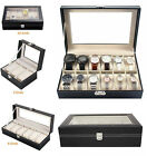 10 12 Slot Leather Watch Box Display Case Organizer Glass Jewelry Storage Black