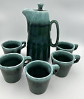 New ListingHull Pottery Coffee Pot Pitcher & 5 Cups Green Agate Drip Glaze Ovenproof