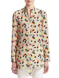 Akris Punto Memphis Bell Air Print Silk Blouse Tunic Top Beige Dots Shapes Geo 8