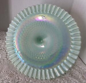 FENTON WILLOW GREEN CARNIVAL OPALESCENT HOBNAIL GLASS CAKE PLATE PEDESTAL STAND