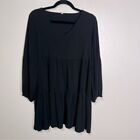 Black Long Sleeve Babydoll Dress V-Neck Classic Basic Minimal Dress Knee Length