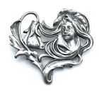 Art Nouveau Style Sterling Silver Brooch Lady Flower Heart Shaped
