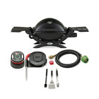 Weber Q 1200 Gas Grill Black with Adapter HoseThermometer and Tool Set Bundle