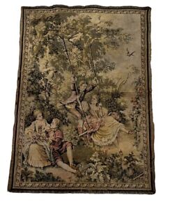French Antique Wall Hanging Tapestry of Girl on Swing with Boy, 1900s 19x27”