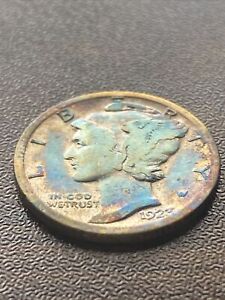 1923 S Mercury Dime 90% Silver Actual Coin Beautiful Stunning Blue Tone! TK3942*