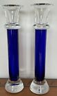 NWOT Crate & Barrel Handblown Cobalt Blue Clear Glass 10” Candlesticks Poland
