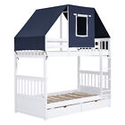 Twin Over Twin Bunk Bed Wood Bed Frame with Tent and Drawers Can Divide to 2Beds