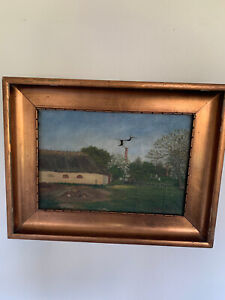 Antique Danish? Framed Farmhouse Landscape Signed Oil on Canvas,Damaged Canvas,