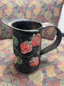 Vintage Hand Painted With Strawberries Small Metal Watering Can Two Small Holes
