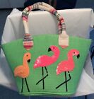 America and Beyond Jute Handbag Shoulder Bag Sequined Flamingos NWOT Zips Close