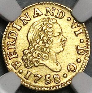 1758 NGC MS 63 Spain 1/2 Escudo Ferdinand VI Gold Madrid Mint Coin (24012501D)