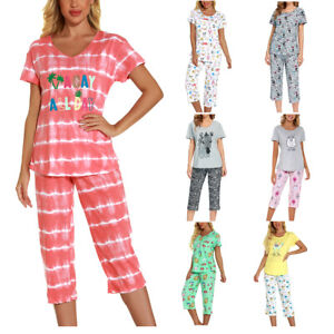 Women Cute Pajama Set Soft Cotton Short Sleeve Comfy Pjs Pant 2 Piece Sleepwear