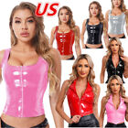 US Womens Faux Leather Crop Top Sleeveless Tank Top Nightclub Shirt,Streetwear