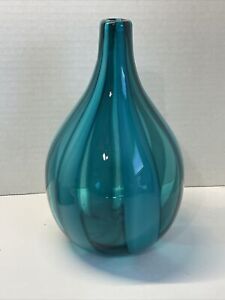 Crate and Barrel Teal Blue Striped Koz Vase New w/Sticker