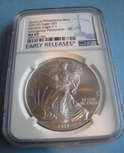 2021 (P)  ER  T1 SILVER EAGLE  NGC MS 69  T-1  EMERGENCY PRODUCTION
