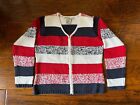 David Brooks Red White Navy Long Sleeve Sweater Zipper Cardigan Size Medium M