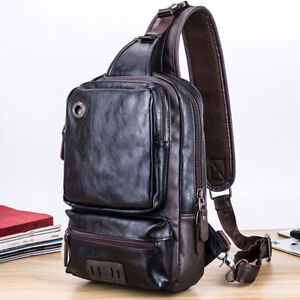 Men's Sling Backpack PU Leather Large Capacity Cross Body Bag Chest Shoulder Bag