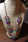 Statement Large Necklace Coral Turquoise Purple Red Yellow Stones & Rhinestones