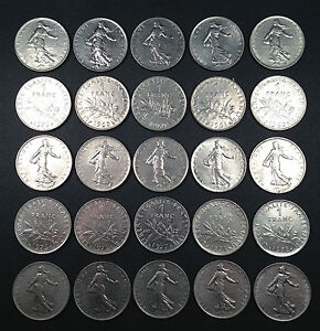 France Coin Lot - 25 One Franc Coins - PURE NICKEL!! Free Shipping!!!!