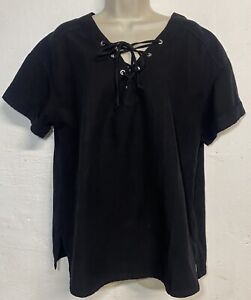 NWT Matty M Medium LINEN Top Black Short Sleeve Lace Up V-Neck Shirt
