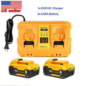 2Pack 20V 6.0Ah Battery DCB102 FAST Charger for Dewalt 20V XR DCB206 DCB205 US