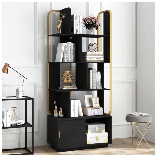 4 Tiers Open Shelf Modern Geometric Bookcase Bookshelf Wood Sliding Door Storage